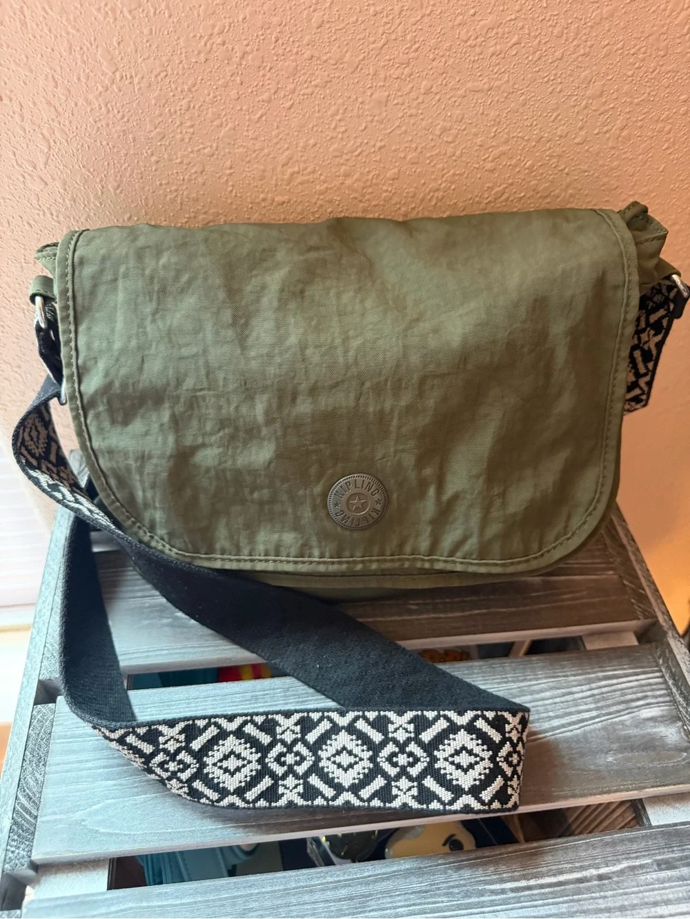 Kipling Olive Green Messenger Bag with Patterned Strap